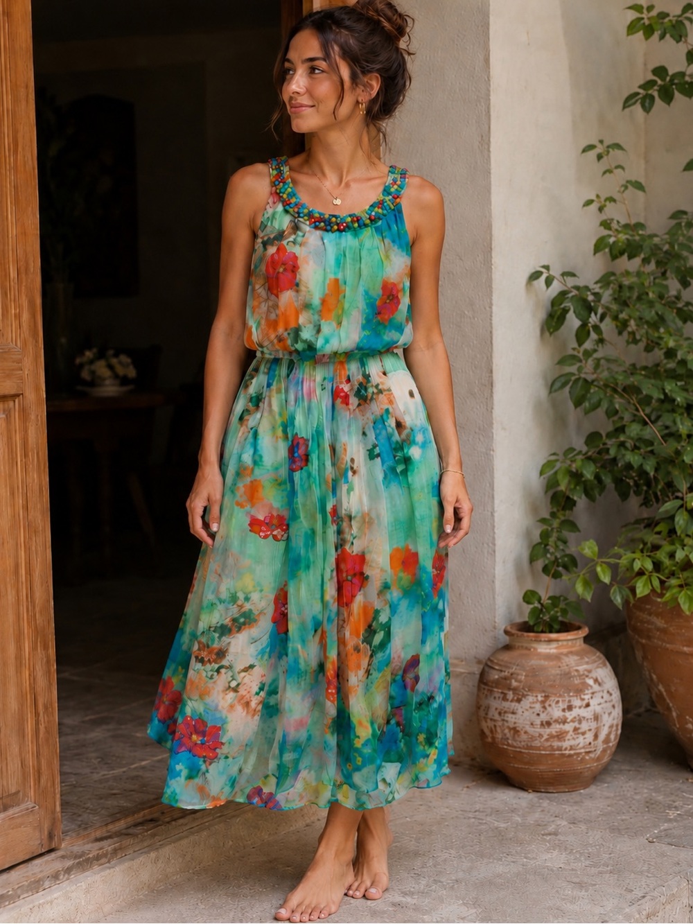 EP Multicolor Beaded Floral Sleeveless Silk Midi Dress Round Neck Size S